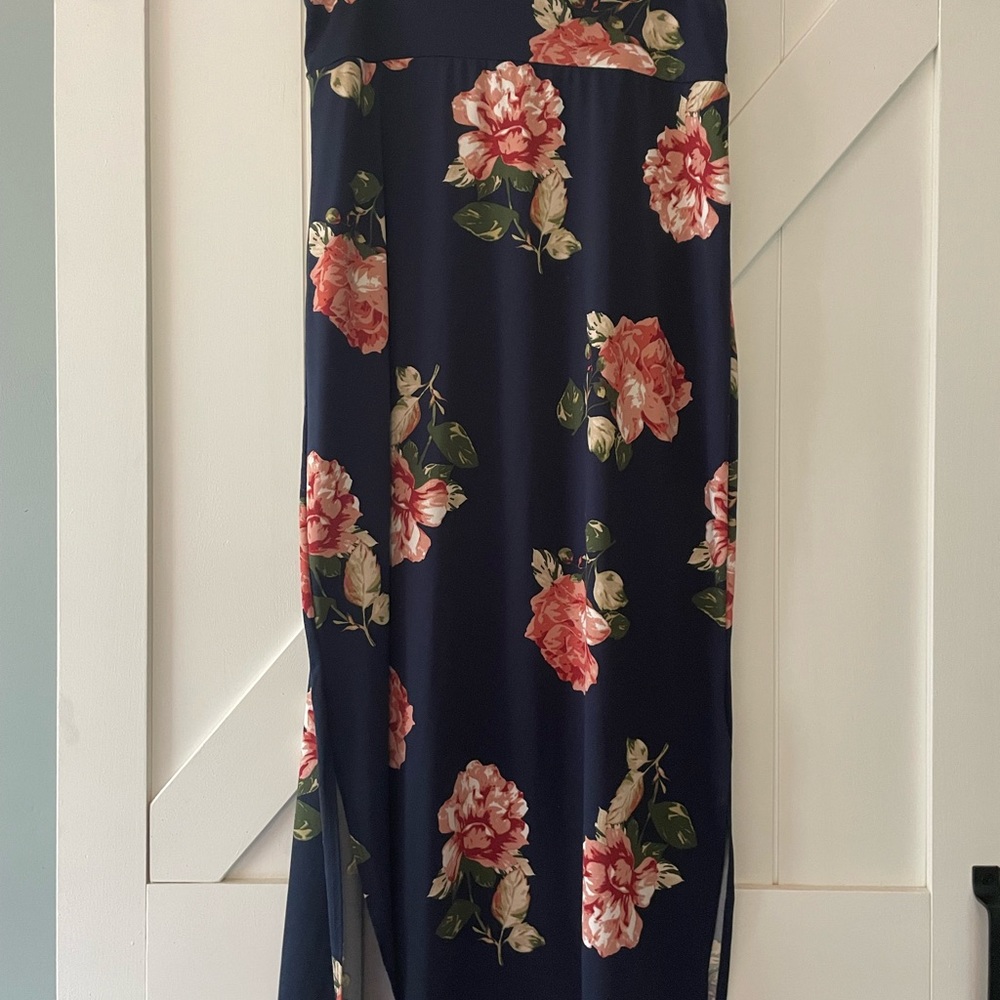 Agnes & Dora Maxi Length Navy Blue with pink/red flowers pencil skirt